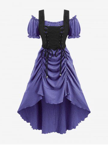 Plus Size Medieval Renaissance Lace Up Ruffles Ruched Cinched High Low Crepe Midi Dress