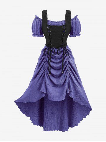 Plus Size Medieval Renaissance Lace Up Ruffles Ruched Cinched High Low Crepe Midi Dress - PURPLE - 5X | US 30-32