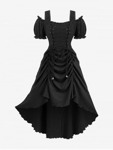 Plus Size Medieval Renaissance Lace Up Ruffles Ruched Cinched High Low Crepe Midi Dress - BLACK - M | US 10