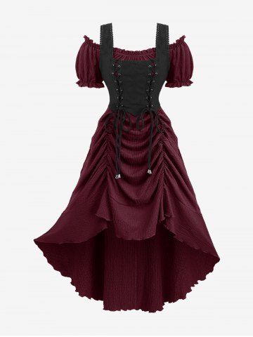 Plus Size Medieval Renaissance Lace Up Ruffles Ruched Cinched High Low Crepe Midi Dress - DEEP RED - M | US 10