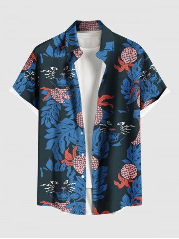 Plus Size Pineapple Cat Tropical Leaf Print Hawaii Button Pocket Shirt For Men - BLUE - 2XL
