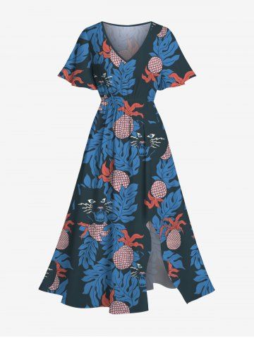 Plus Size Pineapple Cat Tropical Leaf Print Hawaii Split Pocket A Line Midi Dress - BLUE - XXS