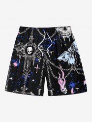 Plus Size Skull Fire Flame Cross Chain Print Hawaii Drawstring Beach Shorts For Men -  