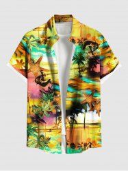 Plus Size Coconut Tree Sea Waves Beach Starfish Anchor Print Hawaii Cruise Button Pocket Shirt For Men -  