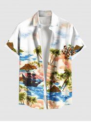 Chemise Plissée Détaillée Arbre Noix de Coco et Plage Imprimés de Grande Taille pour Homme - Blanc 4XL