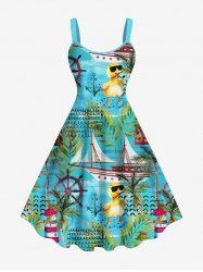 Plus Size Rudder Watchtower Ship Cool Duck Tropical Leaves Print Hawaii Ombre Cruise A Line Dress -  