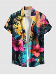 Plus Size Floral Parrot Tropical Leaves Sea Print Hawaii Button Pocket Shirt For Men -  
