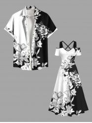 Rose Flower Leaf Two Tone Print Plus Size Matching Hawaii Beach Outfit For Couples -  
