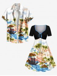 Coconut Tree Sea Ship Ombre Cloud Print Plus Size Matching Hawaii Beach Cruise Shirts Dress Outfit For Couples -  
