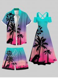 Coconut Tree Ombre Sky Print Plus Size Matching Hawaii Beach Outfit For Couples -  