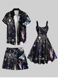 Skull Fire Flame Cross Chain Print Plus Size Matching Hawaii Beach Outfit For Couples -  