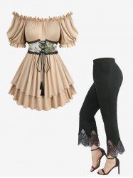 Floral Printed Lace-up Grommets Lace Trim Off The Shoulder Top and Scalloped Tassel Flare Pants Plus Size Outfit -  
