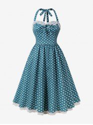 Polka Dots Print Floral Lace Trim Halter Bowknot Vintage Dress -  