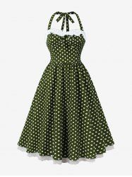 Polka Dots Print Floral Lace Trim Halter Bowknot Vintage Dress -  