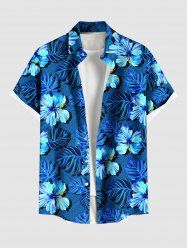 Plus Size Tropical Leaf Hibiscus Flower Print Buttons Pocket Hawaii Shirt For Men -  