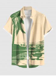 Plus Size Coconut Tree Seascape Reflection Print Buttons Pocket Hawaii Shirt For Men -  