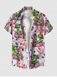 Plus Size Flamingo Alien Tropical Leaf Flower Print Buttons Pocket Hawaii Shirt For Men -  