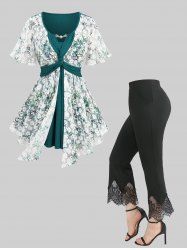 Flower Lace Hot Stamping Textured 2 In 1 Top and Scalloped Tassel Flare Pants Plus Size Outfit -  
