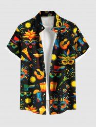 Plus Size Colorful Mask Guitar Sun Print Hawaii Mardi Gras Button Pocket Shirt For Men -  