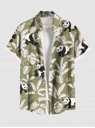 Plus Size Coconut Tree Tropical Leaves Panda Print Hawaii Button Pocket Shirt For Men -  