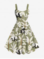 Robe Décontractée Ligne A Panda et Feuille Tropicale Imprimés de Grande Taille - Vert clair S