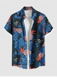 Chemise à poches boutonnées grande taille pour homme, motif chat ananas et feuilles tropicales, style hawaïen. - Bleu 2XL