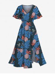 Robe midi trapèze grande taille à imprimé ananas et chat tropical et feuilles hawaïennes, poche fendue. - Bleu 5X