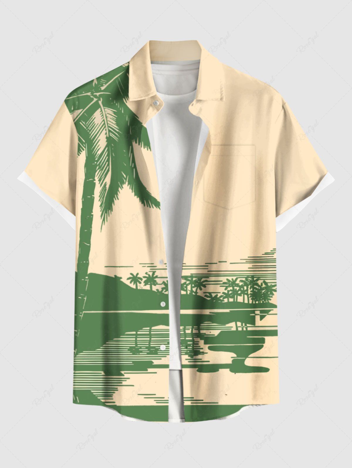 Store Plus Size Coconut Tree Seascape Reflection Print Buttons Pocket Hawaii Shirt For Men  