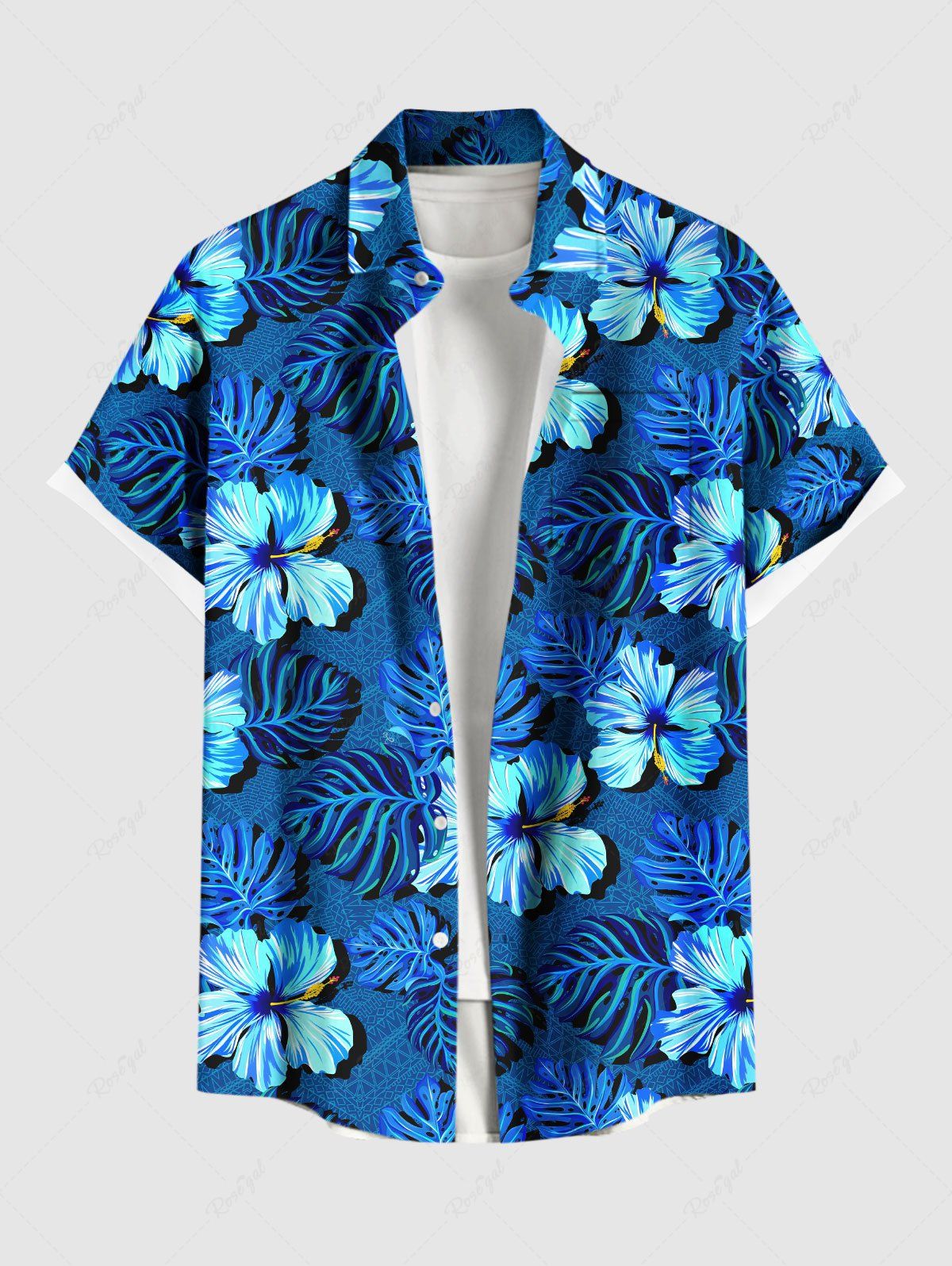 Sale Plus Size Tropical Leaf Hibiscus Flower Print Buttons Pocket Hawaii Shirt For Men  