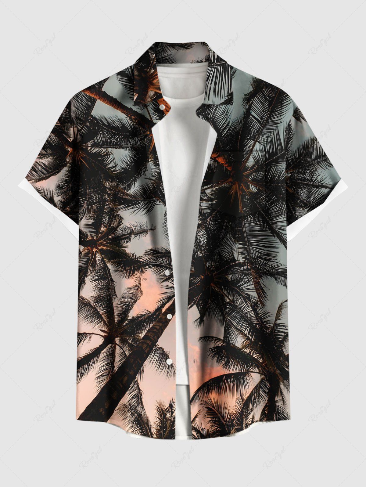 Discount Plus Size Coconut Tree Ombre Sky Print Buttons Pocket Hawaii Shirt For Men  