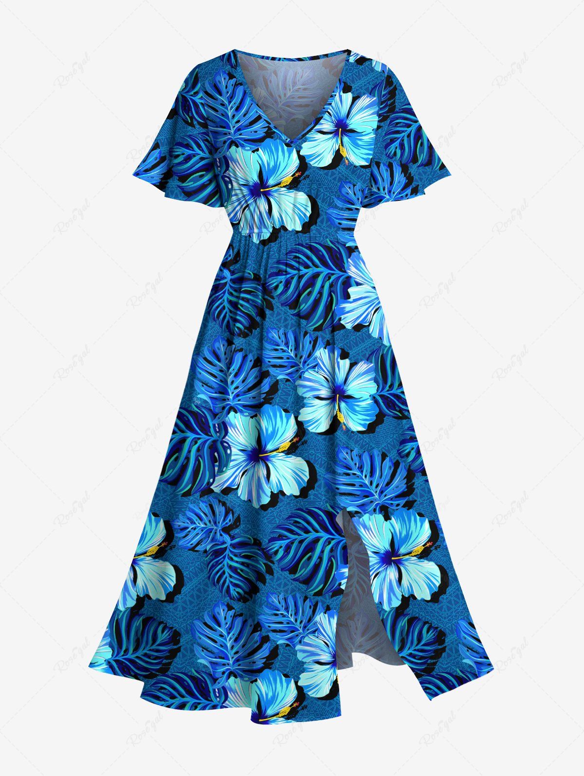New Plus Size Tropical Leaf Hibiscus Flower Print Split Hawaii Midi Dress  