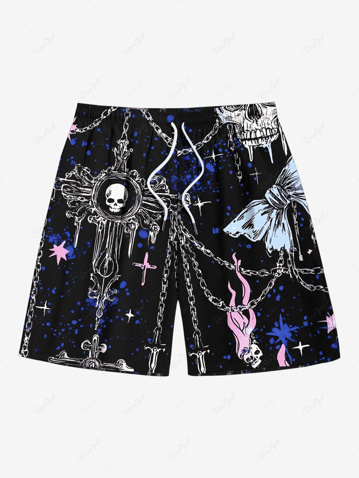 Cheap Plus Size Skull Fire Flame Cross Chain Print Hawaii Drawstring Beach Shorts For Men  