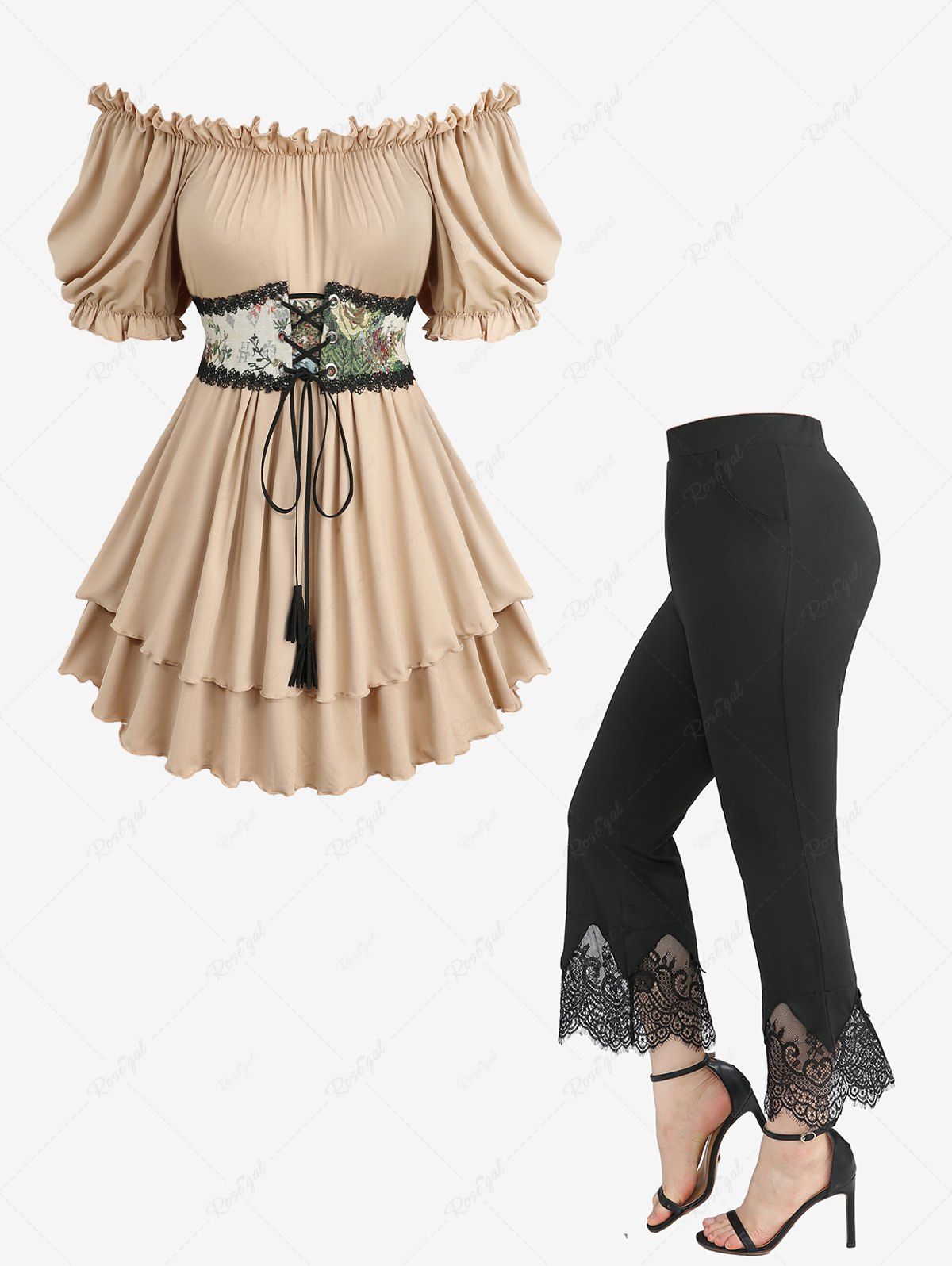 Outfits Floral Printed Lace-up Grommets Lace Trim Off The Shoulder Top and Scalloped Tassel Flare Pants Plus Size Outfit  