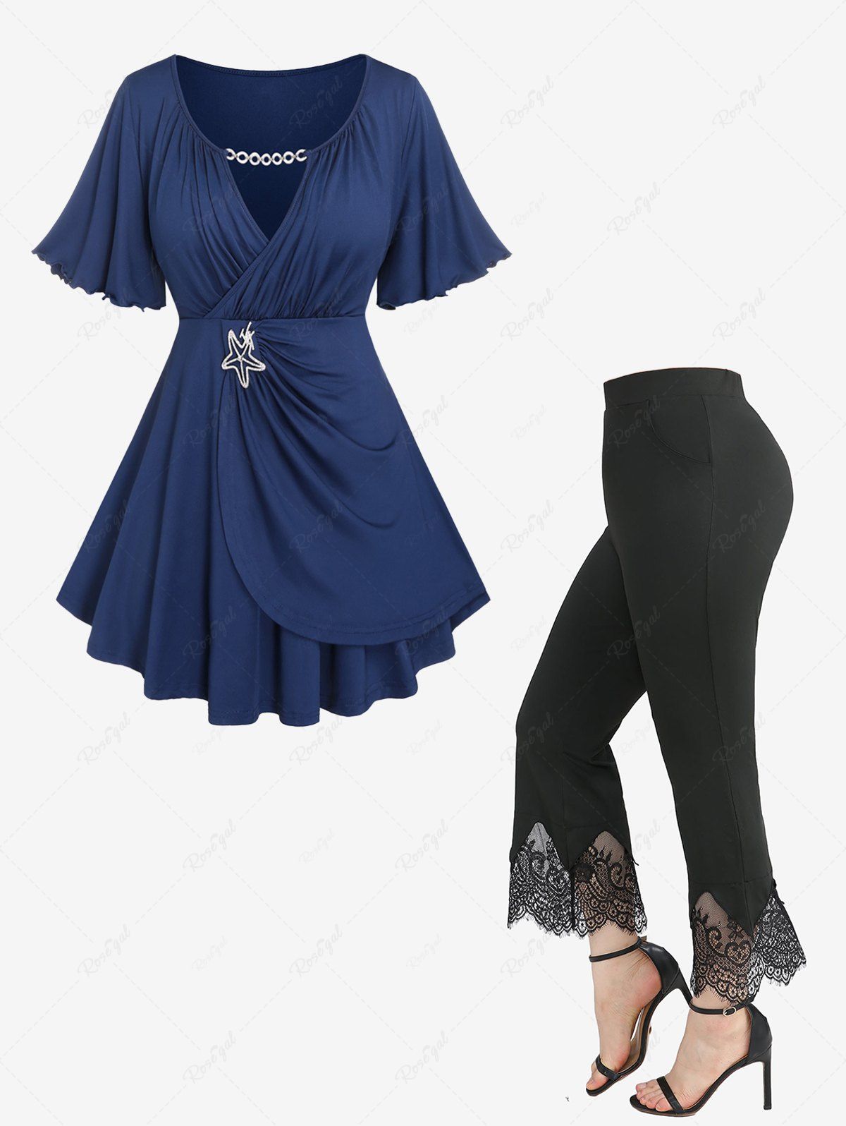 Latest Ruched Lettuce Flutter Sleeves Surplice Tee and Scalloped Tassel Lace Trim Flare Pants Plus Size Outfit  