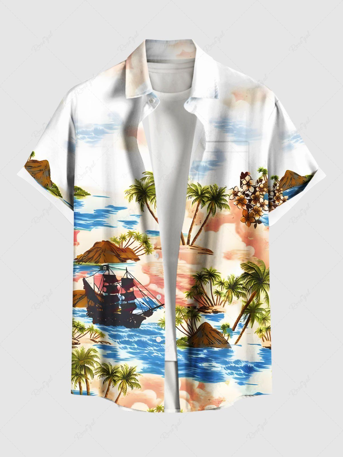 Best Plus Size Coconut Tree Sea Ship Ombre Cloud Print Hawaii Cruise Shirt For Men  