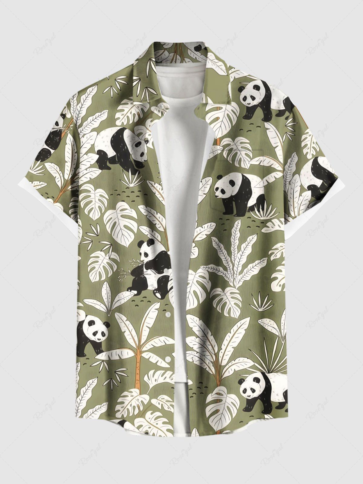 Affordable Plus Size Coconut Tree Tropical Leaves Panda Print Hawaii Button Pocket Shirt For Men  