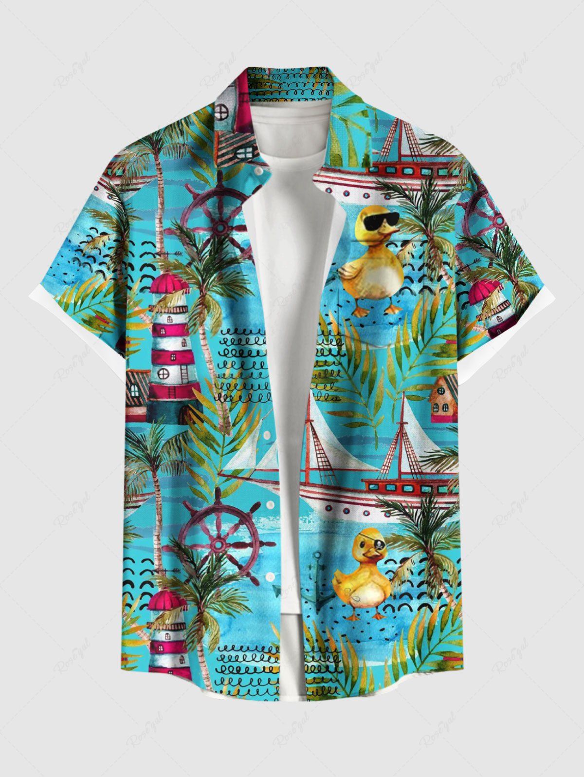 Cheap Plus Size Rudder Watchtower Ship Cool Duck Tropical Leaves Print Hawaii Ombre Cruise Shirt For Men  