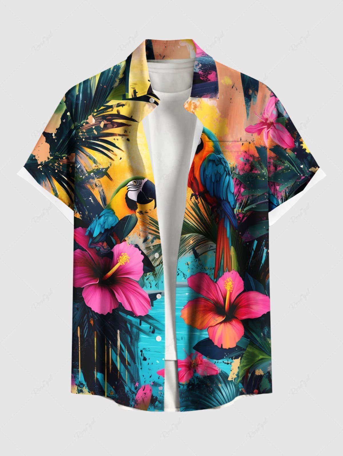 Shops Plus Size Floral Parrot Tropical Leaves Sea Print Hawaii Button Pocket Shirt For Men  