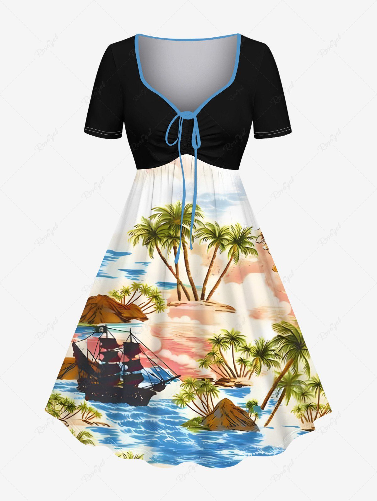 Hot Plus Size Coconut Tree Sea Ship Ombre Cloud Print Hawaii Cruise Cinched A Line Dress  