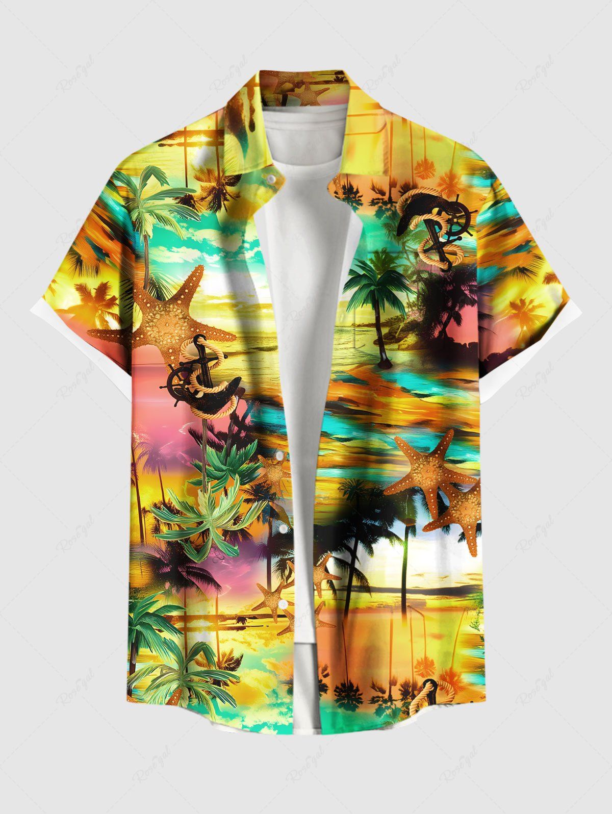Hot Plus Size Coconut Tree Sea Waves Beach Starfish Anchor Print Hawaii Cruise Button Pocket Shirt For Men  