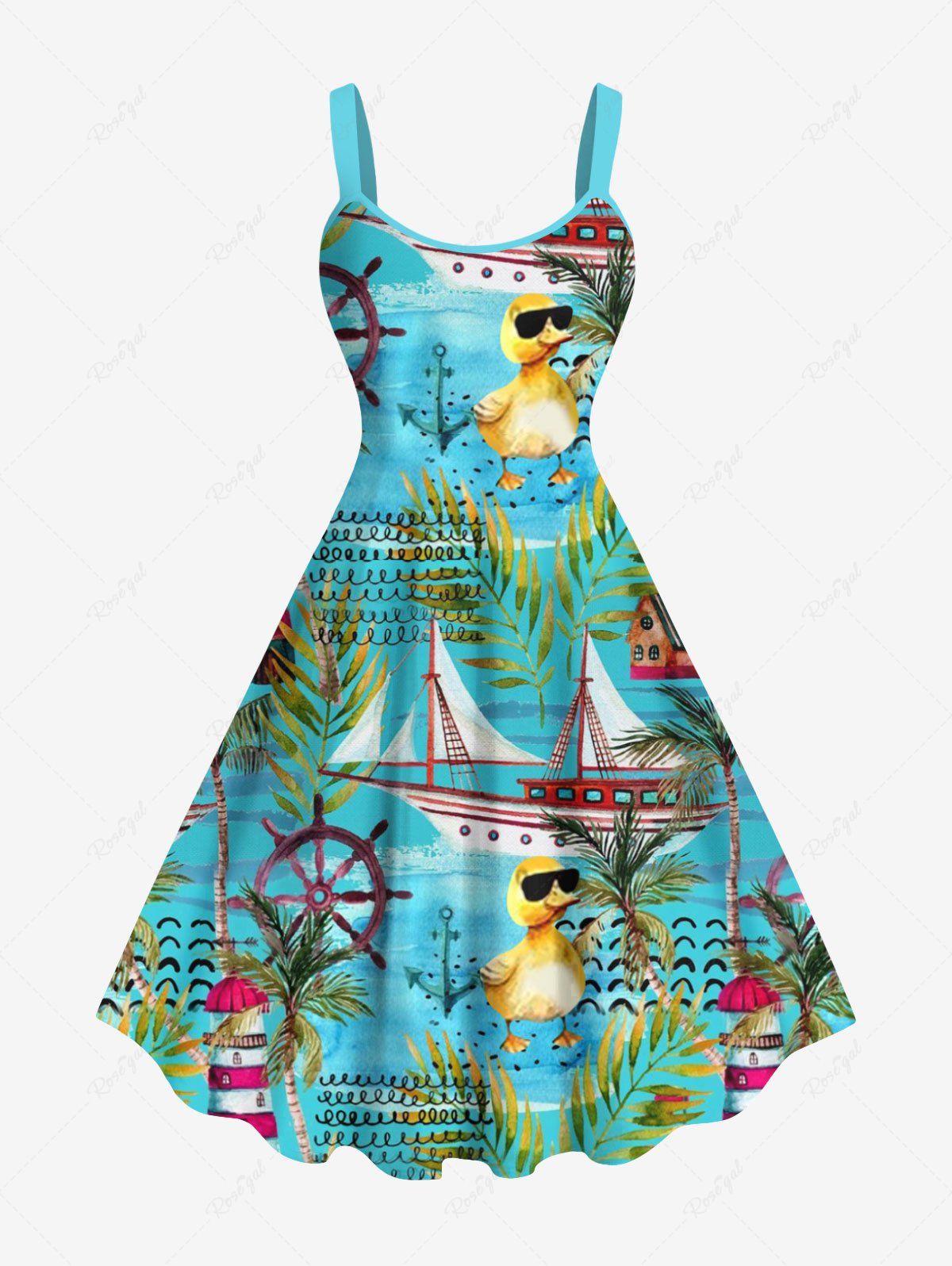 Buy Plus Size Rudder Watchtower Ship Cool Duck Tropical Leaves Print Hawaii Ombre Cruise A Line Dress  