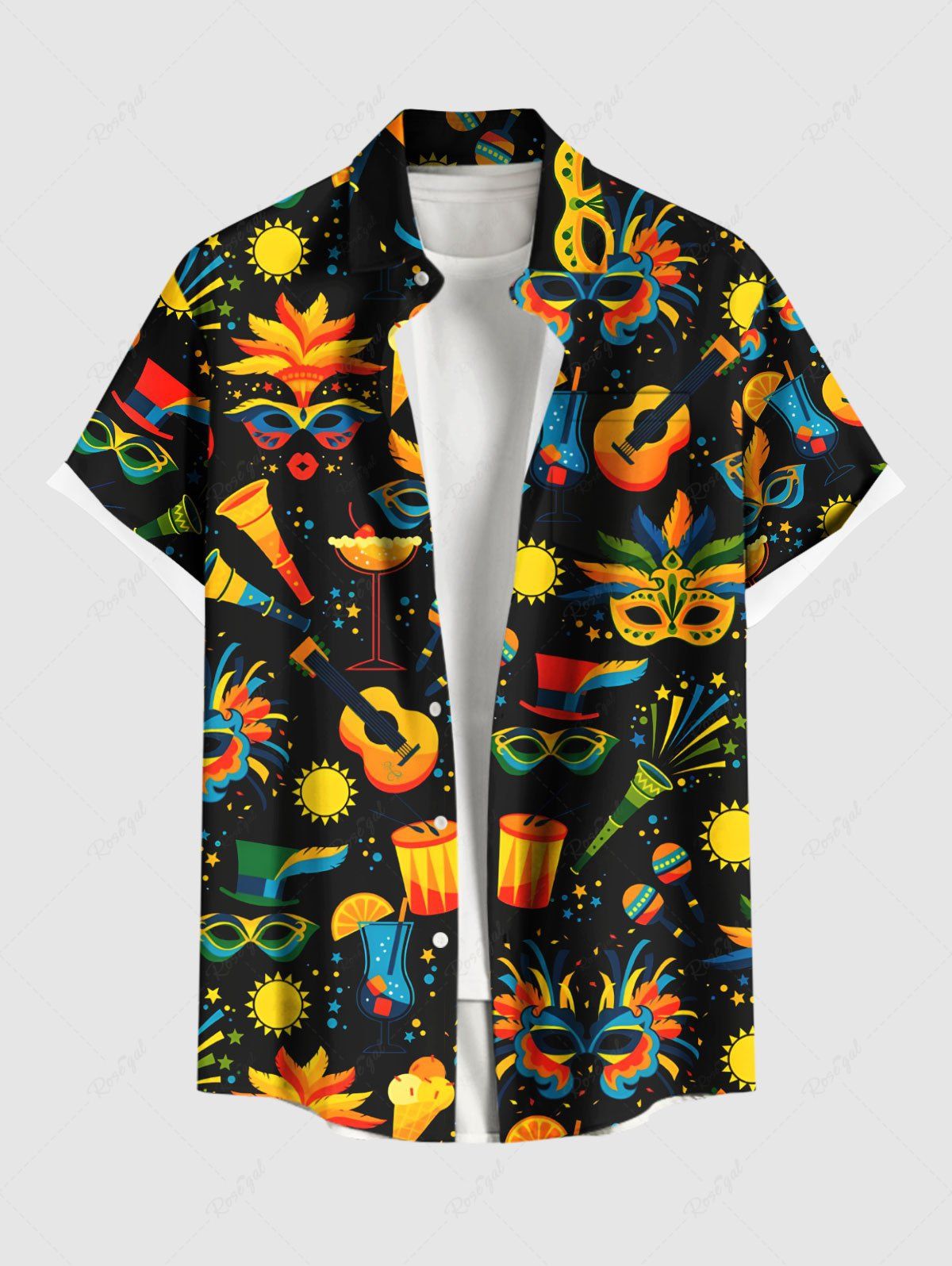 Trendy Plus Size Colorful Mask Guitar Sun Print Hawaii Mardi Gras Button Pocket Shirt For Men  