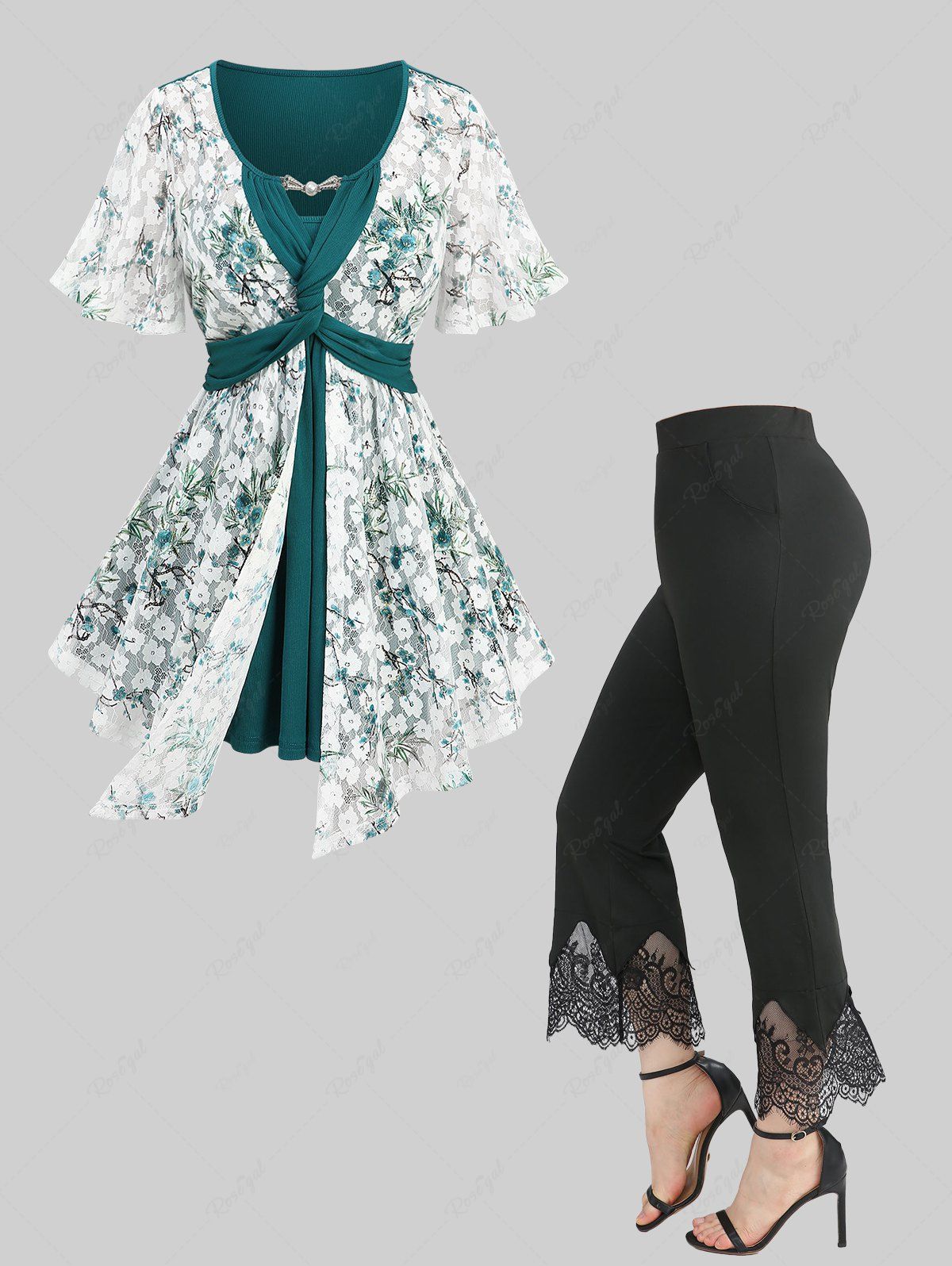 Sale Flower Lace Hot Stamping Textured 2 In 1 Top and Scalloped Tassel Flare Pants Plus Size Outfit  