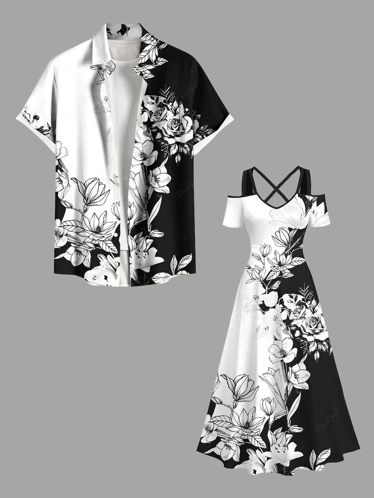 Online Rose Flower Leaf Two Tone Print Plus Size Matching Hawaii Beach Outfit For Couples  