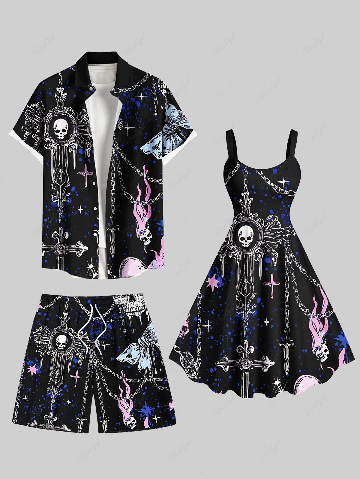 Online Skull Fire Flame Cross Chain Print Plus Size Matching Hawaii Beach Outfit For Couples  
