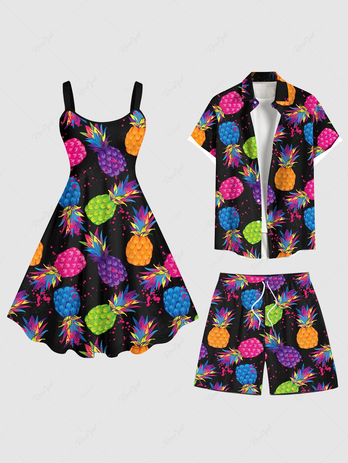 Contrastant Imprimé Ananas à Peinture Éclaboussée Colorée Grande Taille pour Femme Noir 