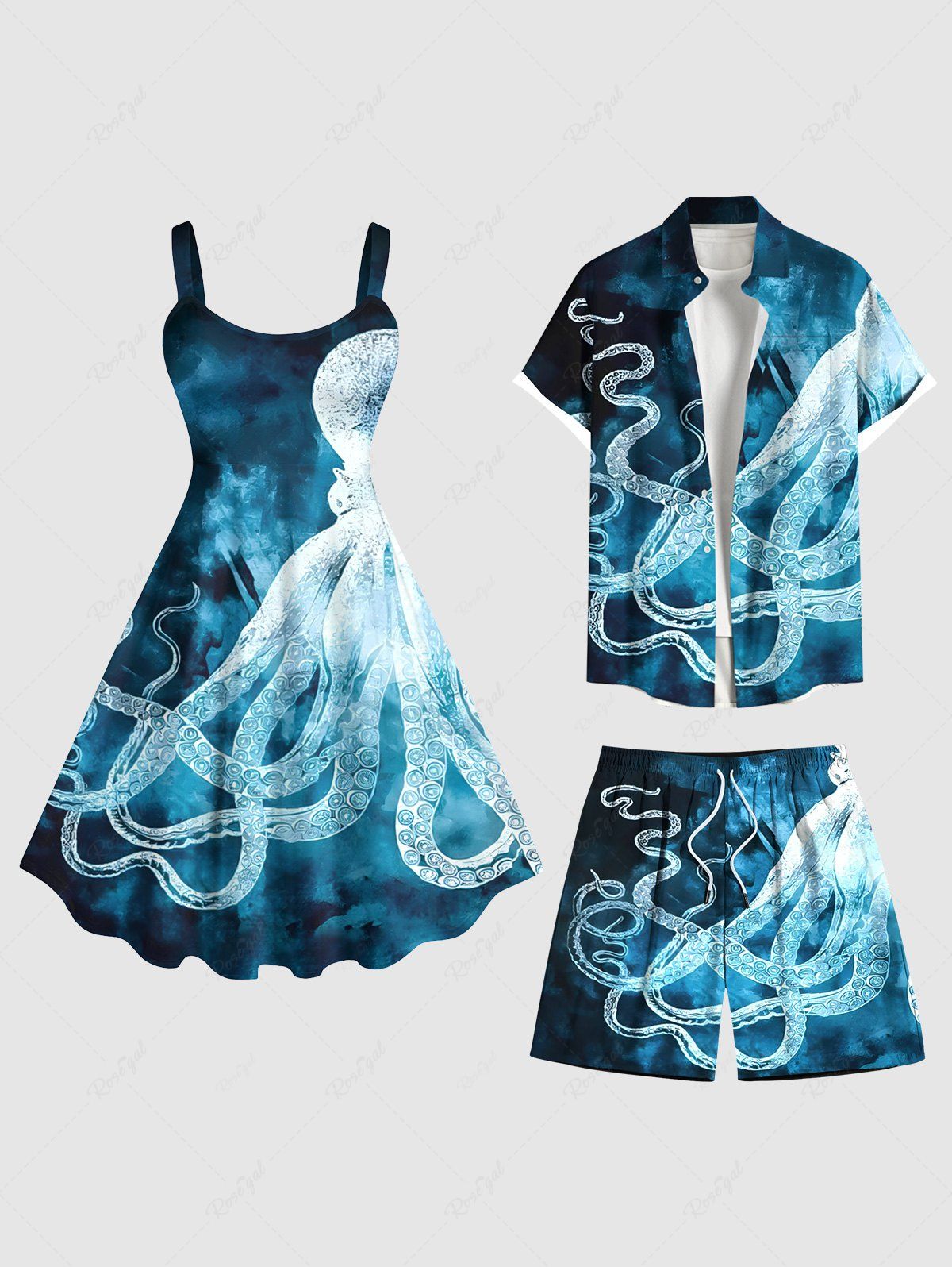 Fancy Octopus Ombre Sea Print Plus Size Matching Hawaii Beach Outfit For Couples  
