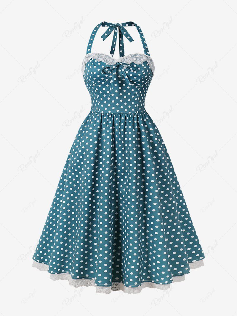 Best Polka Dots Print Floral Lace Trim Halter Bowknot Vintage Dress  