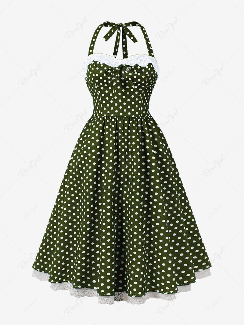 Affordable Polka Dots Print Floral Lace Trim Halter Bowknot Vintage Dress  