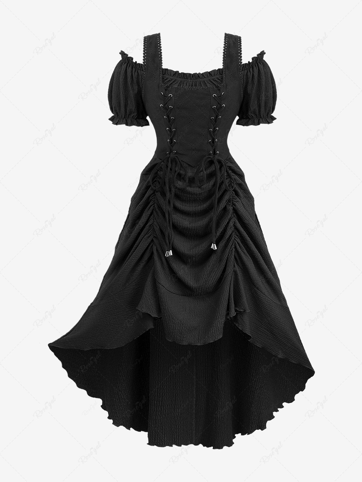 Trendy Plus Size Medieval Renaissance Lace Up Ruffles Ruched Cinched High Low Crepe Midi Dress  